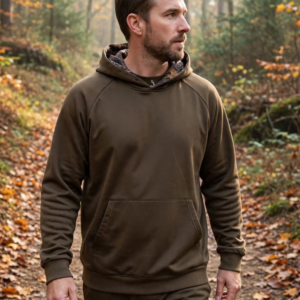 LOOGU Brown Camo Hood Lined Hunting Hoodie Mens L Kangaroo Pocket Outdoor Hiking